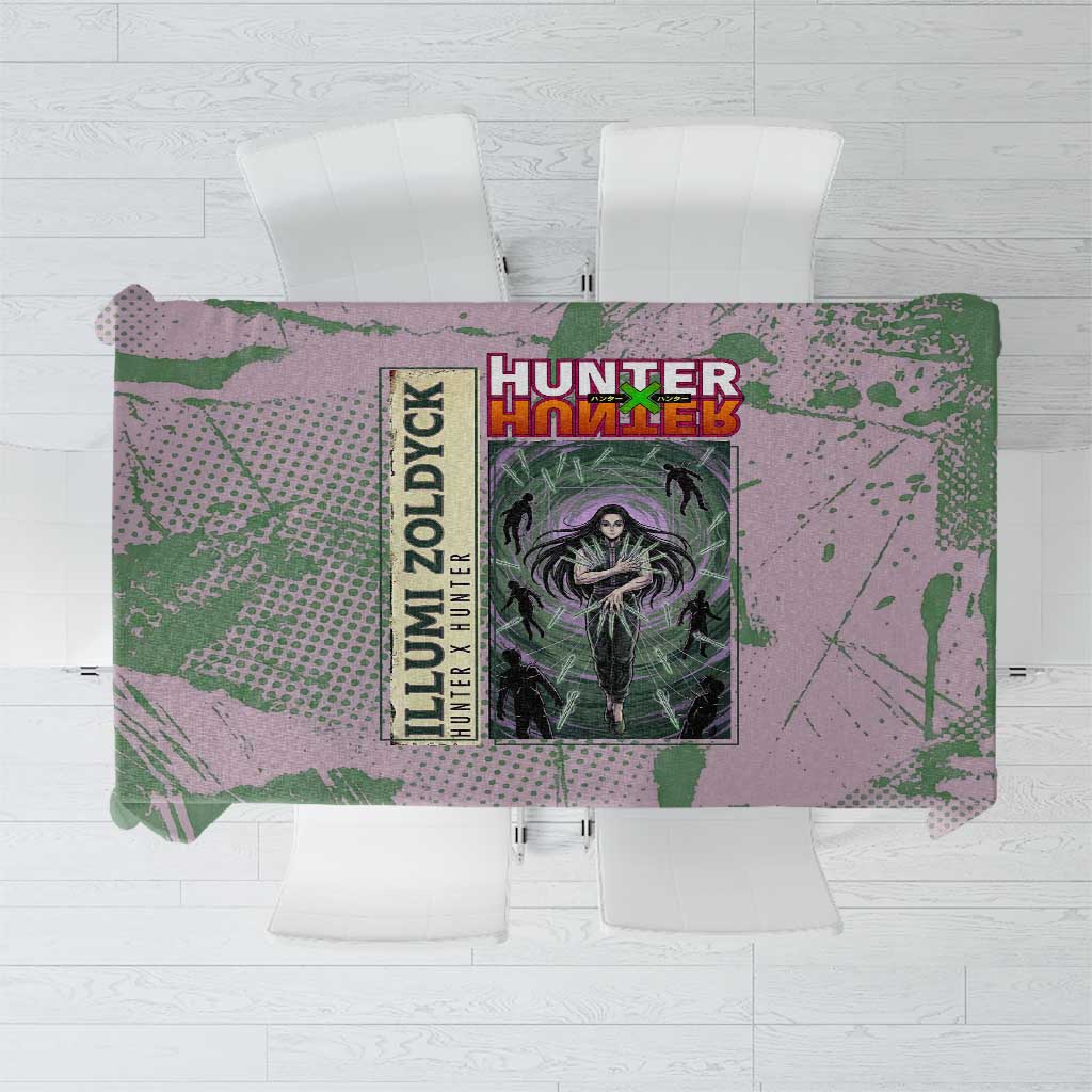 Alluka Zoldyck Theme Purple and Green Paint Splatter Design Tablecloth with Nen Ability Artwork and Character Card Style - The Mazicc