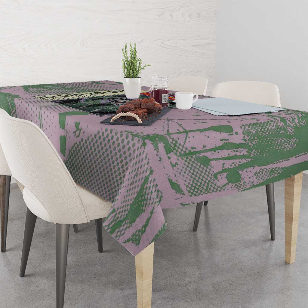 Alluka Zoldyck Theme Purple and Green Paint Splatter Design Tablecloth with Nen Ability Artwork and Character Card Style - The Mazicc