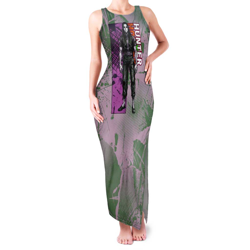 Alluka Zoldyck Theme Purple and Green Paint Splatter Design Tank Maxi Dress with Nen Ability Artwork and Character Card Style - The Mazicc