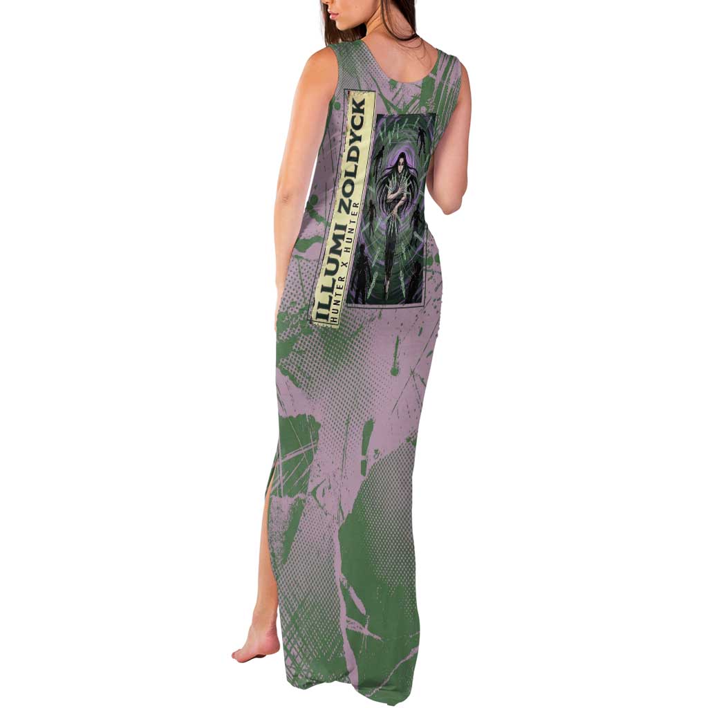 Alluka Zoldyck Theme Purple and Green Paint Splatter Design Tank Maxi Dress with Nen Ability Artwork and Character Card Style - The Mazicc