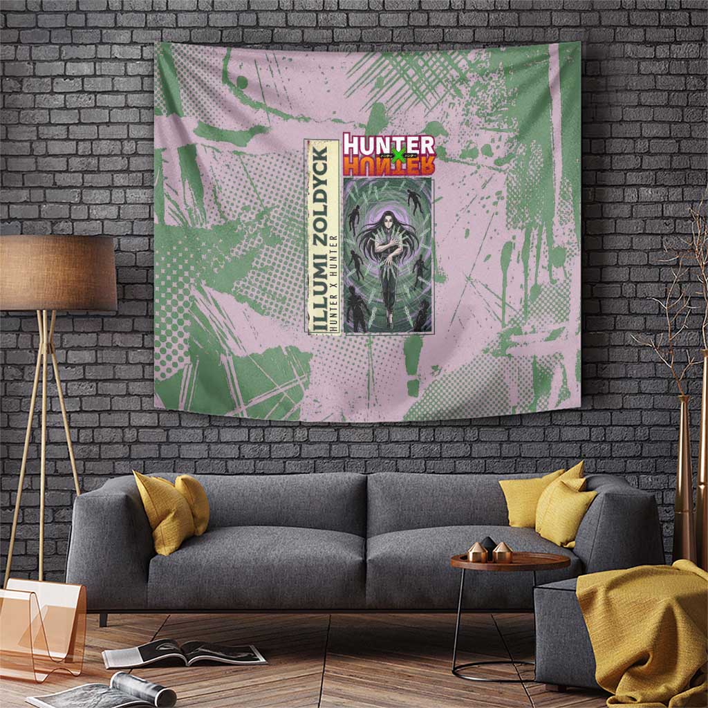 Alluka Zoldyck Theme Purple and Green Paint Splatter Design Tapestry with Nen Ability Artwork and Character Card Style - The Mazicc