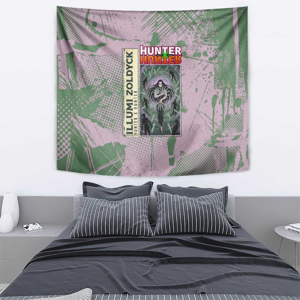 Alluka Zoldyck Theme Purple and Green Paint Splatter Design Tapestry with Nen Ability Artwork and Character Card Style - The Mazicc