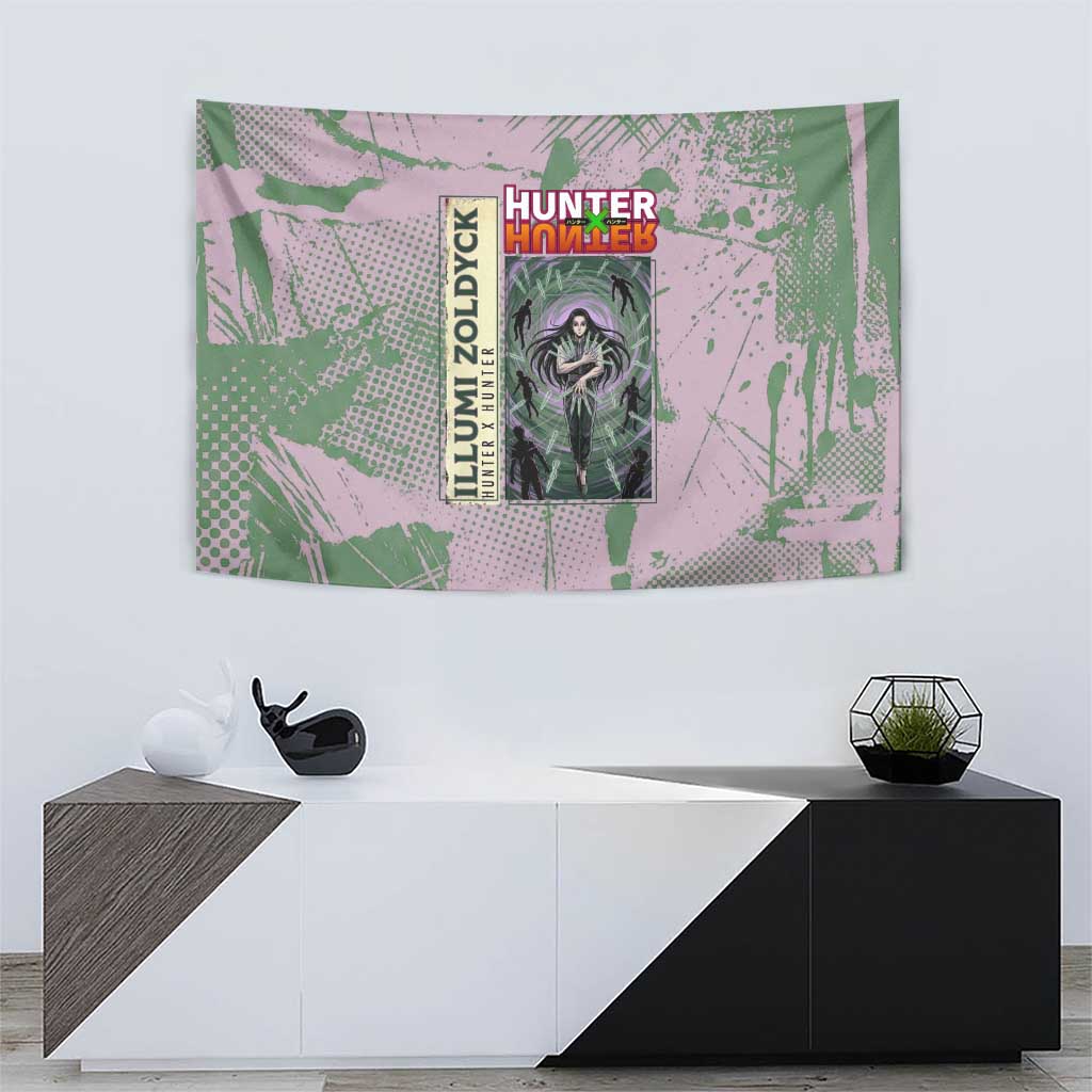 Alluka Zoldyck Theme Purple and Green Paint Splatter Design Tapestry with Nen Ability Artwork and Character Card Style - The Mazicc
