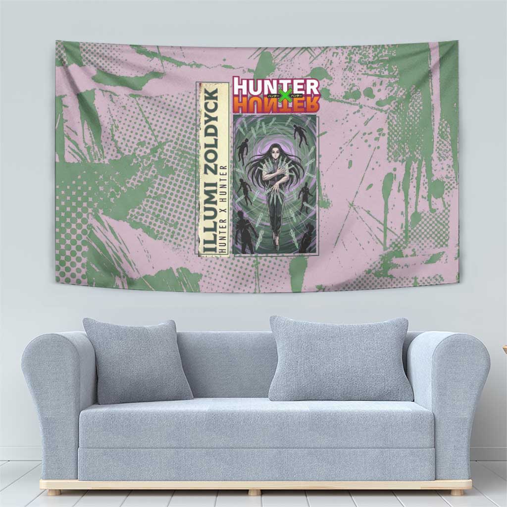 Alluka Zoldyck Theme Purple and Green Paint Splatter Design Tapestry with Nen Ability Artwork and Character Card Style - The Mazicc