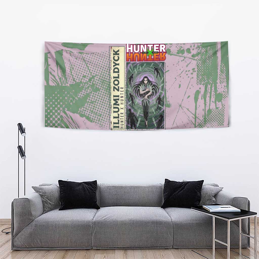 Alluka Zoldyck Theme Purple and Green Paint Splatter Design Tapestry with Nen Ability Artwork and Character Card Style - The Mazicc