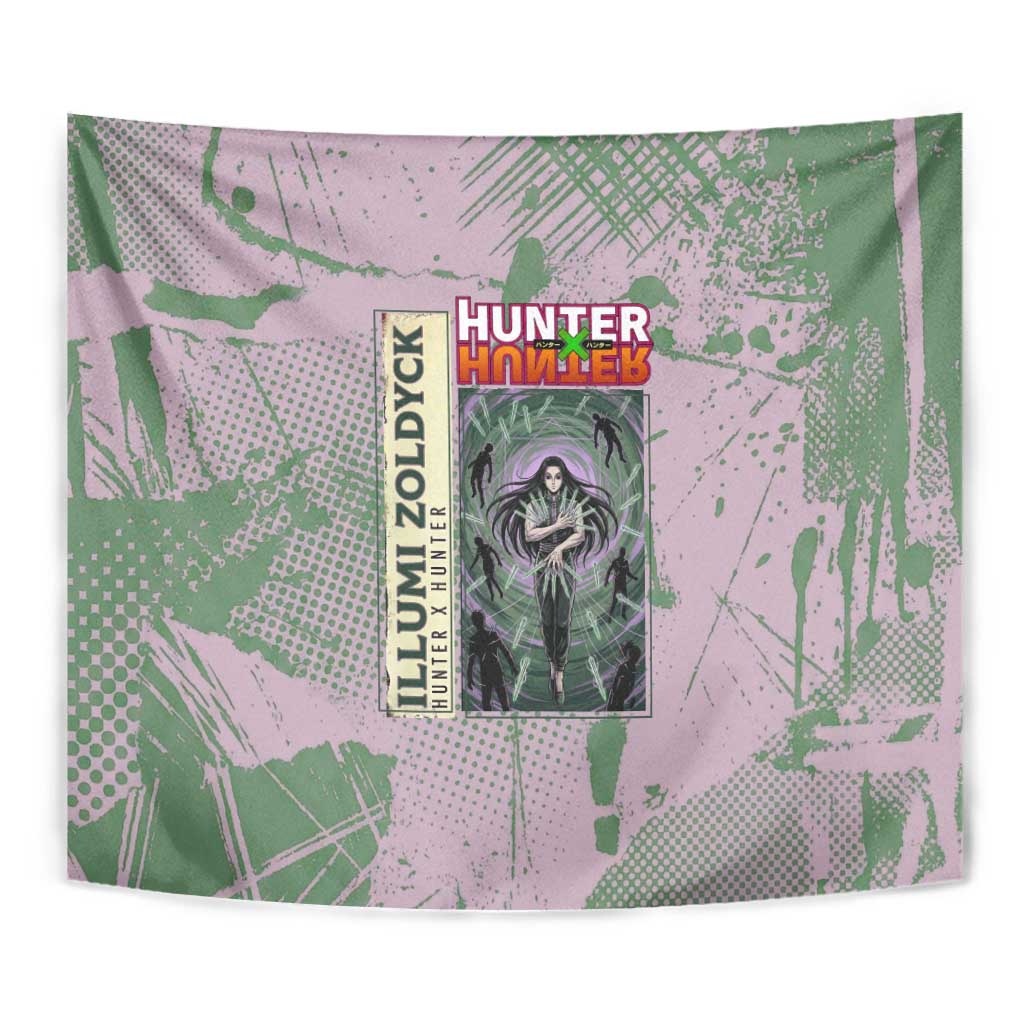 Alluka Zoldyck Theme Purple and Green Paint Splatter Design Tapestry with Nen Ability Artwork and Character Card Style - The Mazicc
