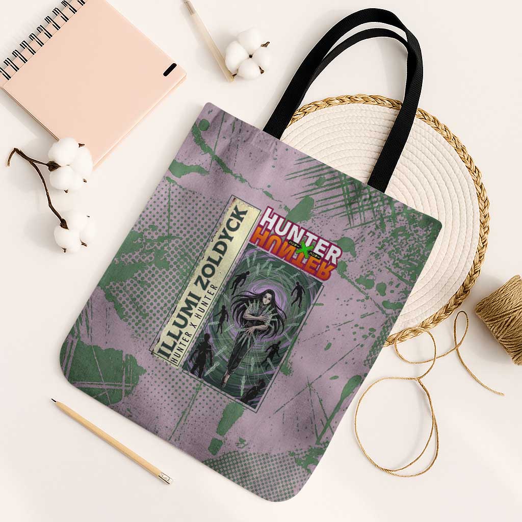 Alluka Zoldyck Theme Purple and Green Paint Splatter Design Tote Bag with Nen Ability Artwork and Character Card Style - The Mazicc