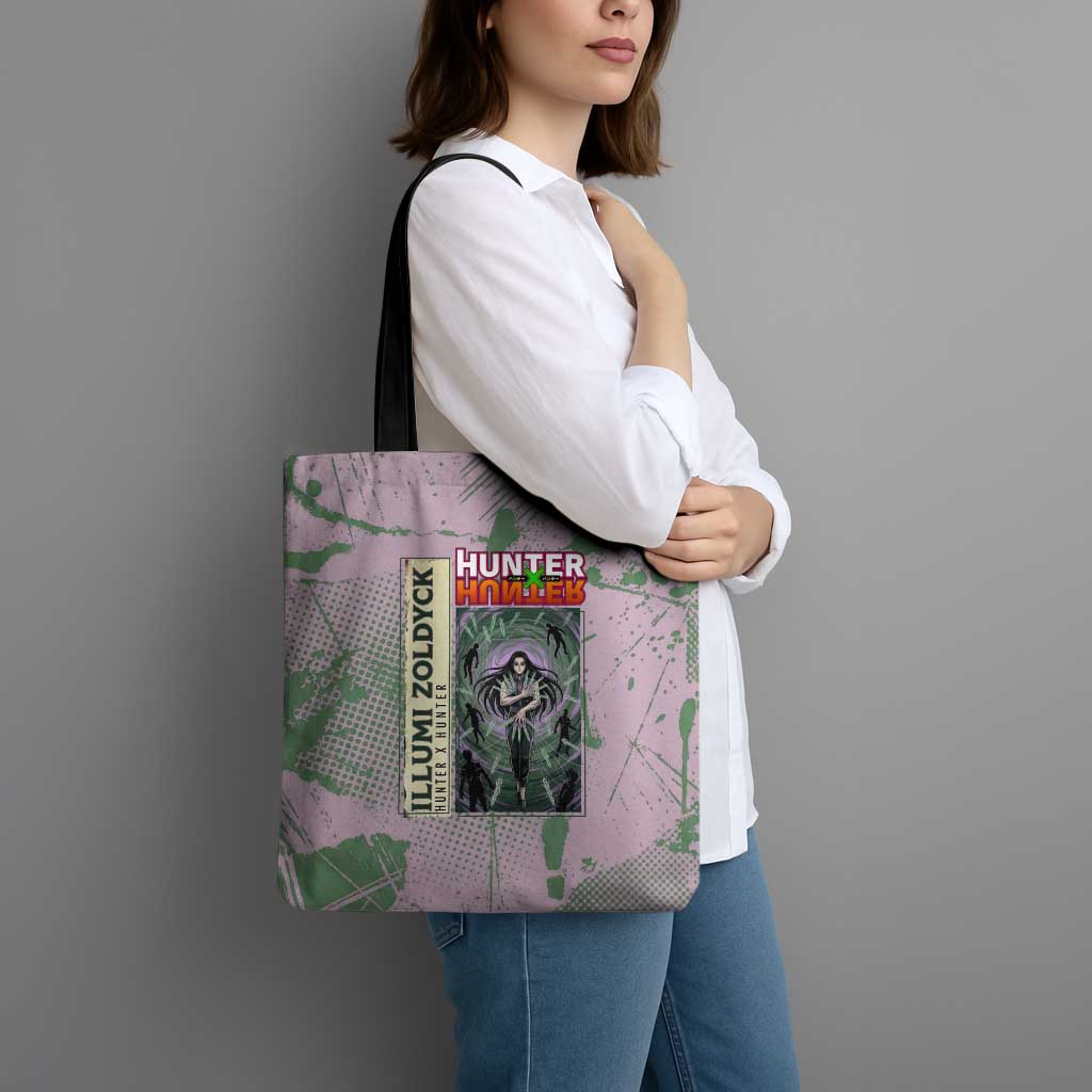 Alluka Zoldyck Theme Purple and Green Paint Splatter Design Tote Bag with Nen Ability Artwork and Character Card Style - The Mazicc