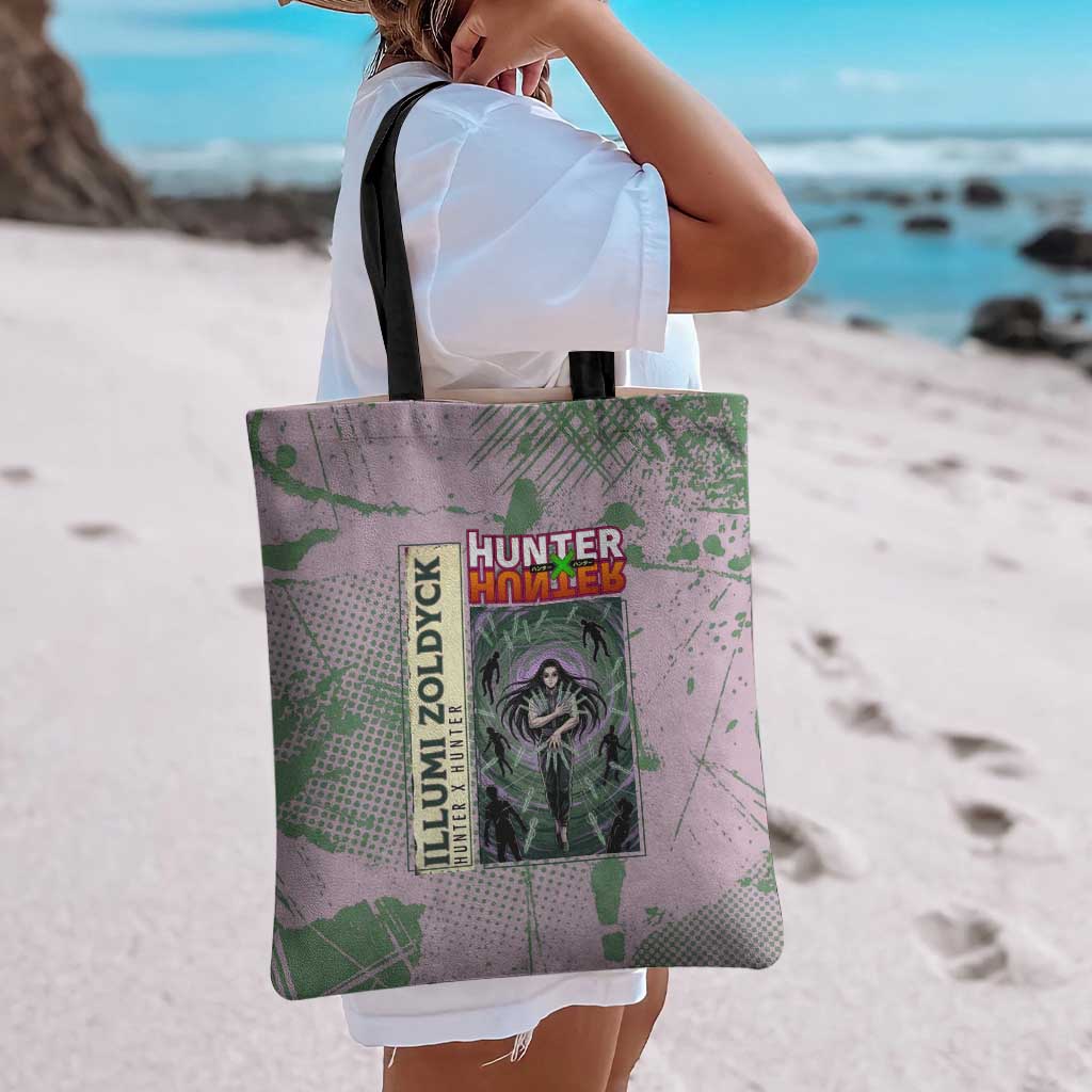Alluka Zoldyck Theme Purple and Green Paint Splatter Design Tote Bag with Nen Ability Artwork and Character Card Style - The Mazicc