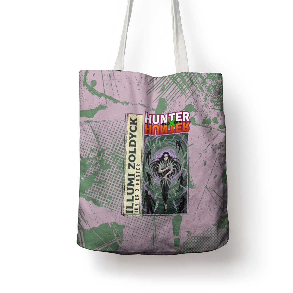 Alluka Zoldyck Theme Purple and Green Paint Splatter Design Tote Bag with Nen Ability Artwork and Character Card Style - The Mazicc