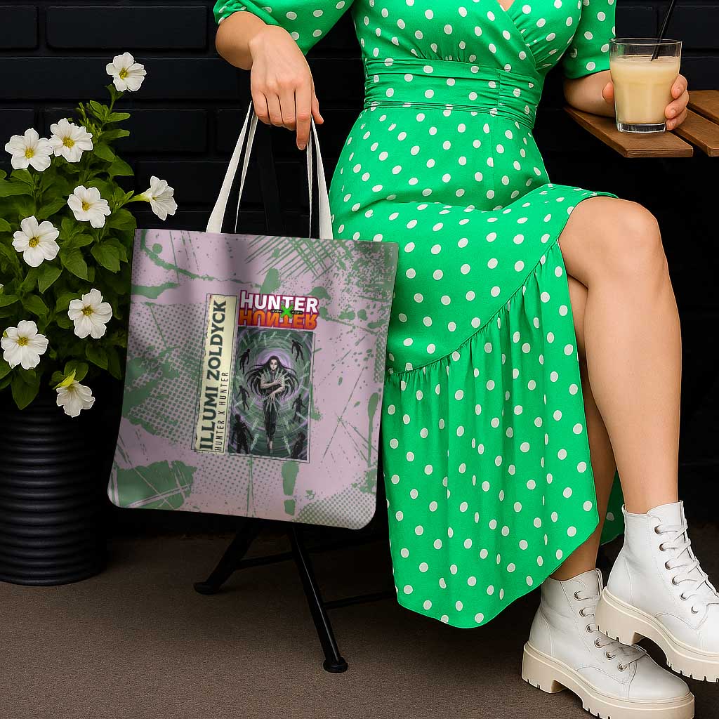 Alluka Zoldyck Theme Purple and Green Paint Splatter Design Tote Bag with Nen Ability Artwork and Character Card Style - The Mazicc