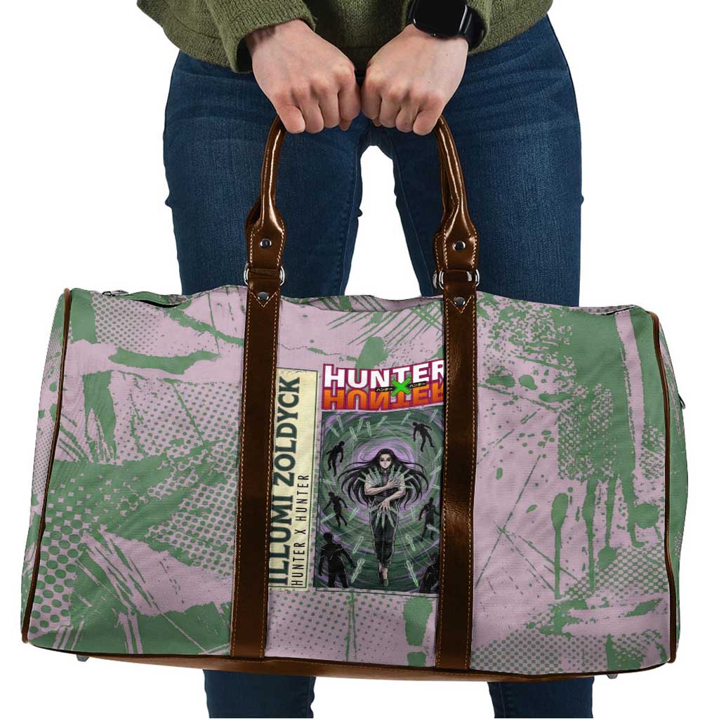 Alluka Zoldyck Theme Purple and Green Paint Splatter Design Travel Bag with Nen Ability Artwork and Character Card Style - The Mazicc