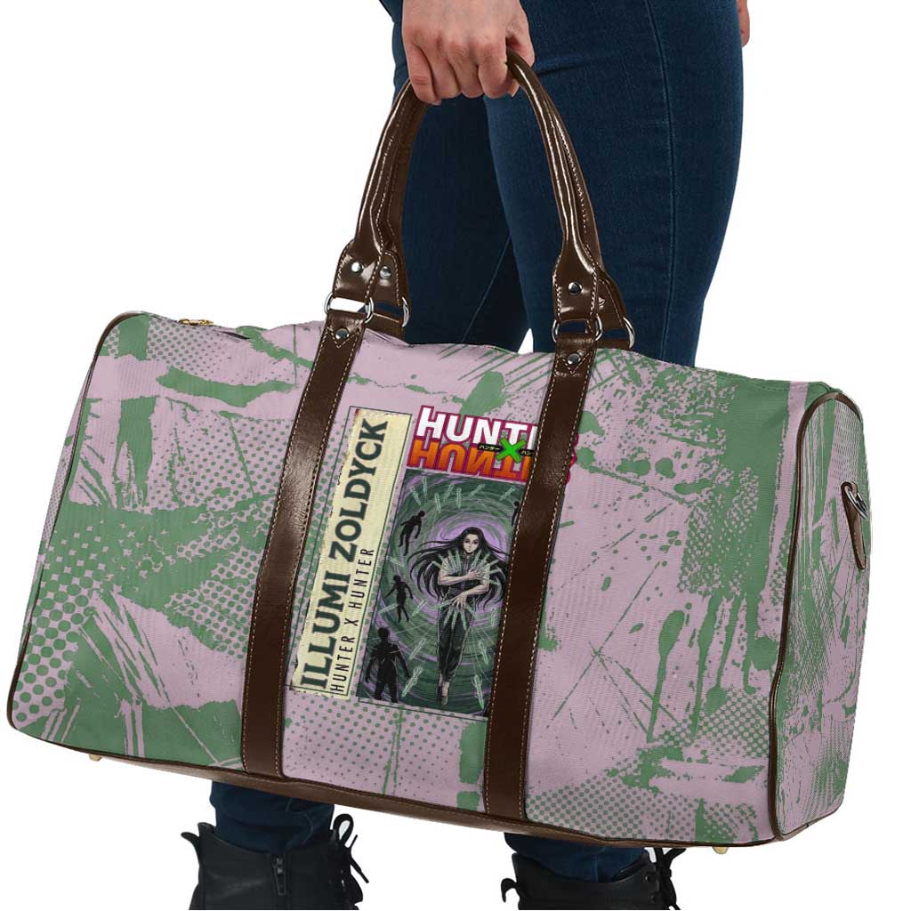 Alluka Zoldyck Theme Purple and Green Paint Splatter Design Travel Bag with Nen Ability Artwork and Character Card Style - The Mazicc
