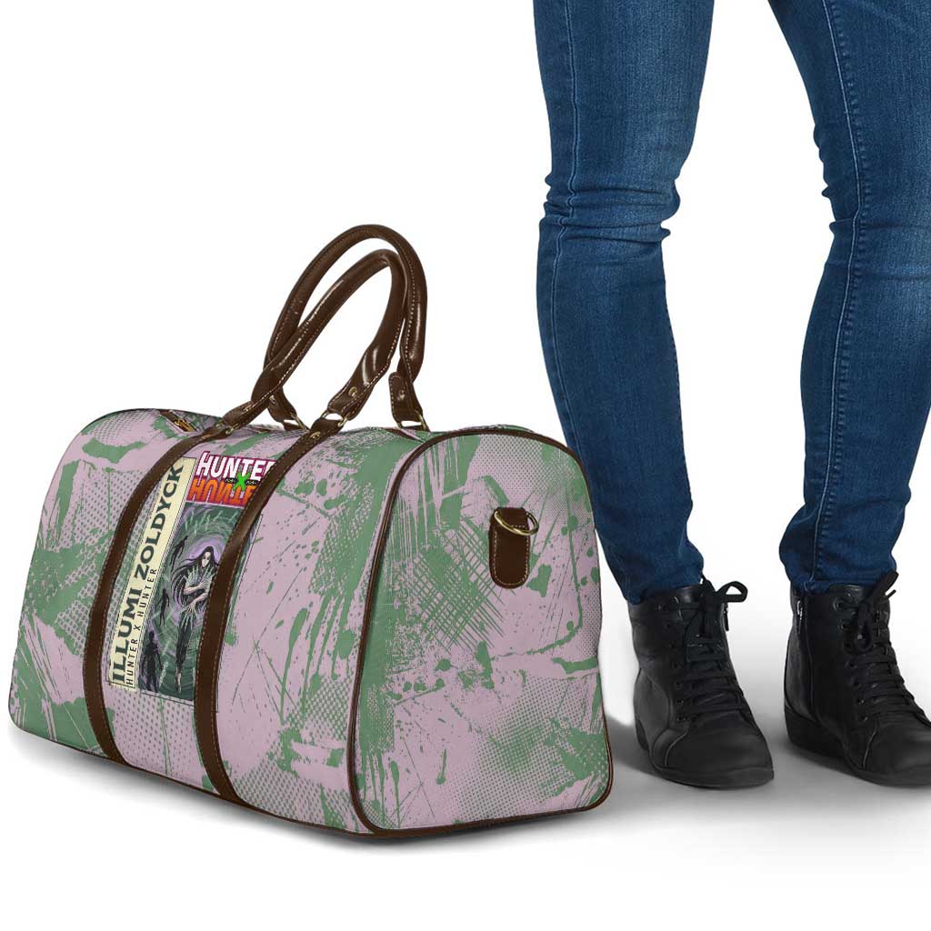 Alluka Zoldyck Theme Purple and Green Paint Splatter Design Travel Bag with Nen Ability Artwork and Character Card Style - The Mazicc