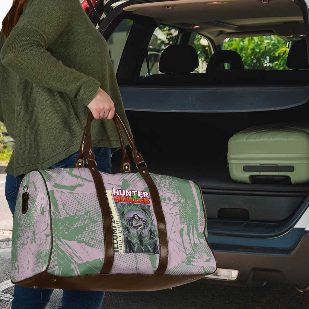Alluka Zoldyck Theme Purple and Green Paint Splatter Design Travel Bag with Nen Ability Artwork and Character Card Style - The Mazicc