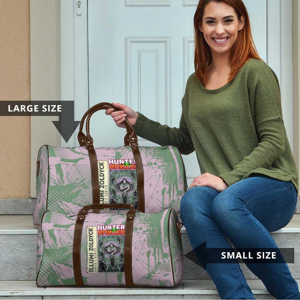 Alluka Zoldyck Theme Purple and Green Paint Splatter Design Travel Bag with Nen Ability Artwork and Character Card Style - The Mazicc