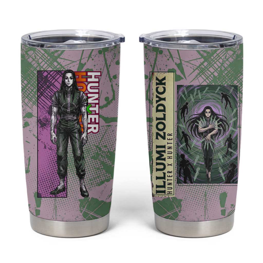 Alluka Zoldyck Theme Purple and Green Paint Splatter Design Tumbler Cup with Nen Ability Artwork and Character Card Style - The Mazicc