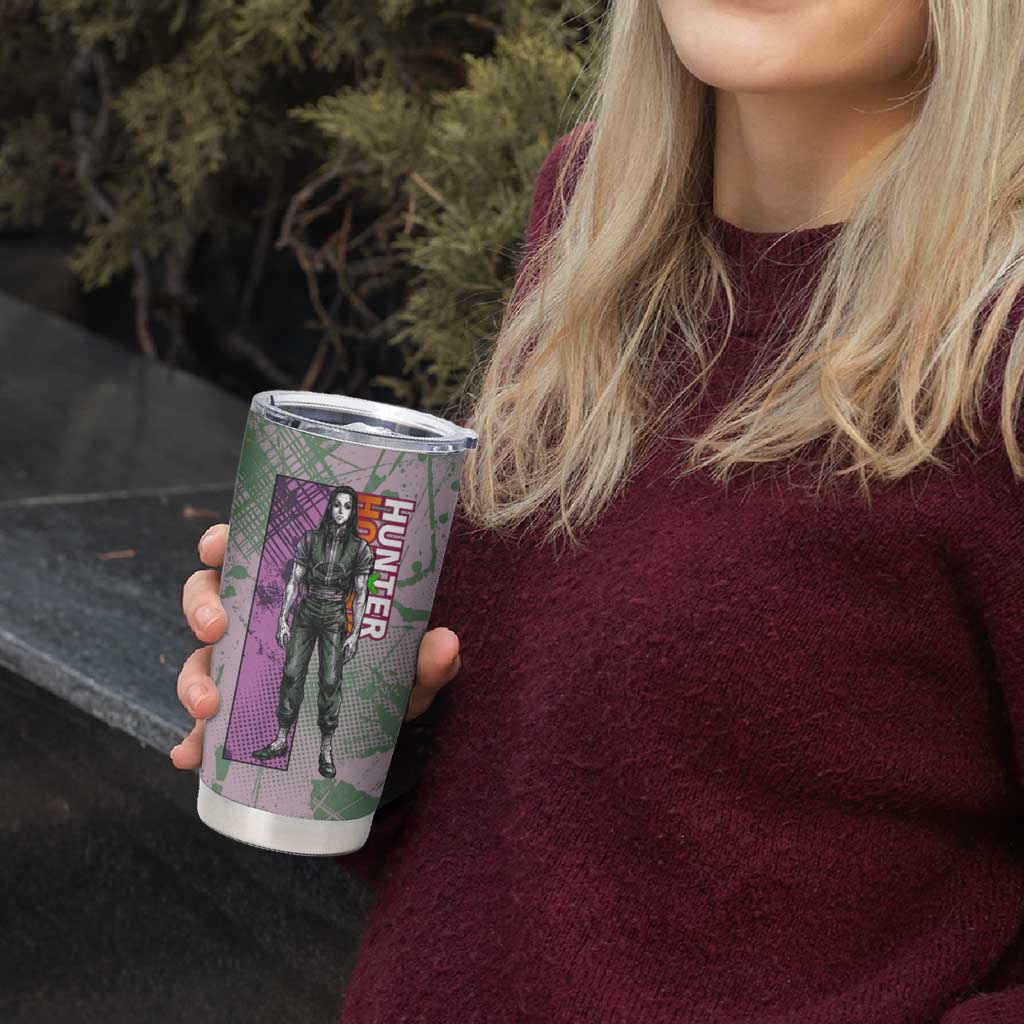 Alluka Zoldyck Theme Purple and Green Paint Splatter Design Tumbler Cup with Nen Ability Artwork and Character Card Style - The Mazicc