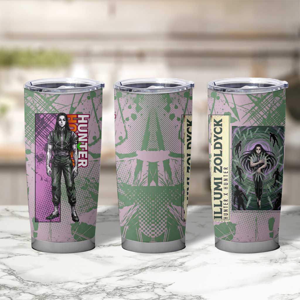 Alluka Zoldyck Theme Purple and Green Paint Splatter Design Tumbler Cup with Nen Ability Artwork and Character Card Style - The Mazicc