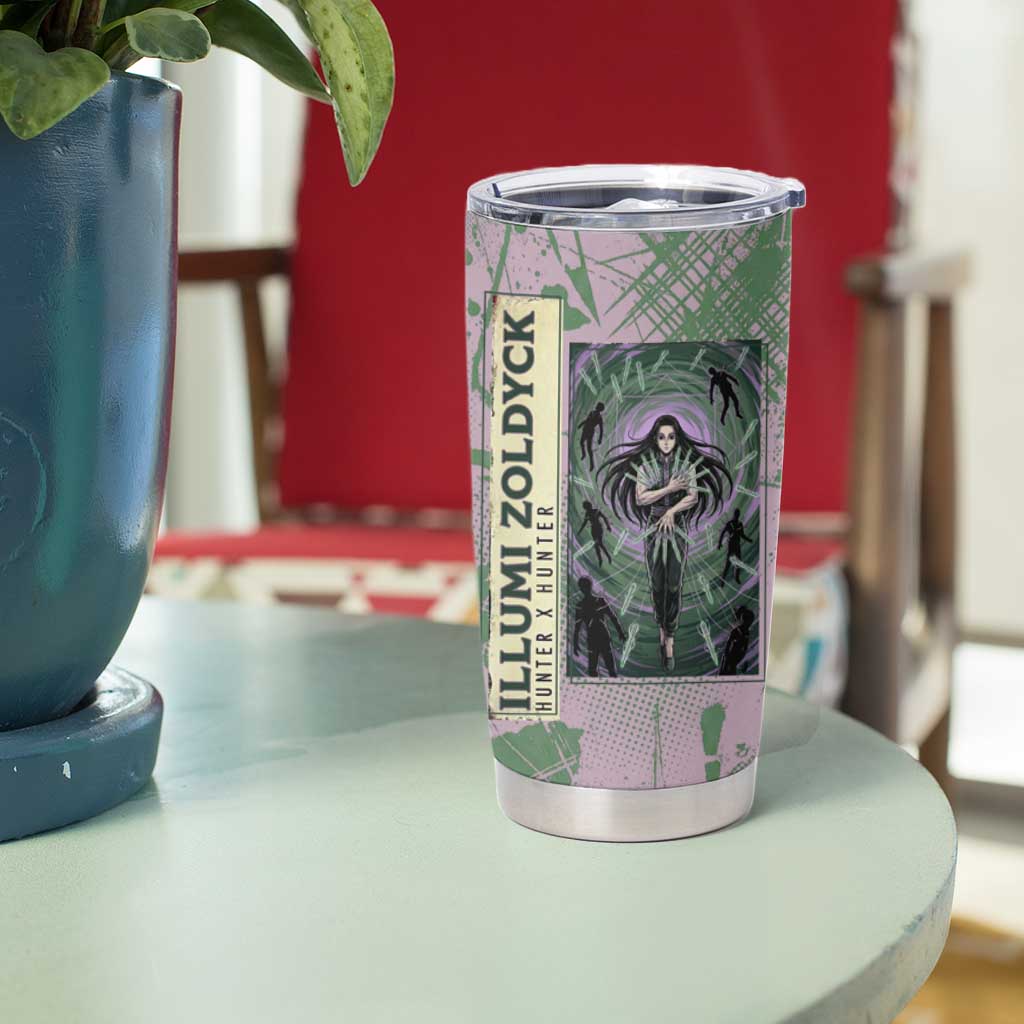Alluka Zoldyck Theme Purple and Green Paint Splatter Design Tumbler Cup with Nen Ability Artwork and Character Card Style - The Mazicc