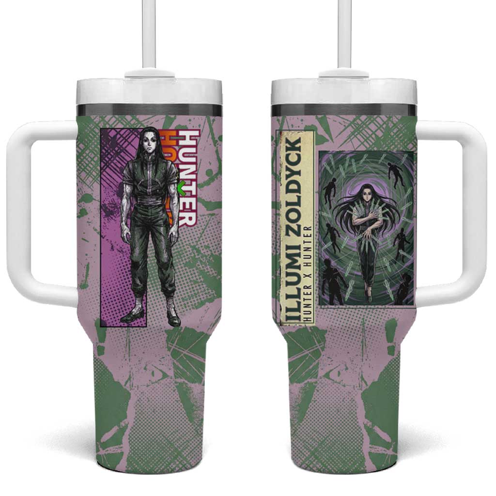 Alluka Zoldyck Theme Purple and Green Paint Splatter Design Tumbler With Handle with Nen Ability Artwork and Character Card Style - The Mazicc