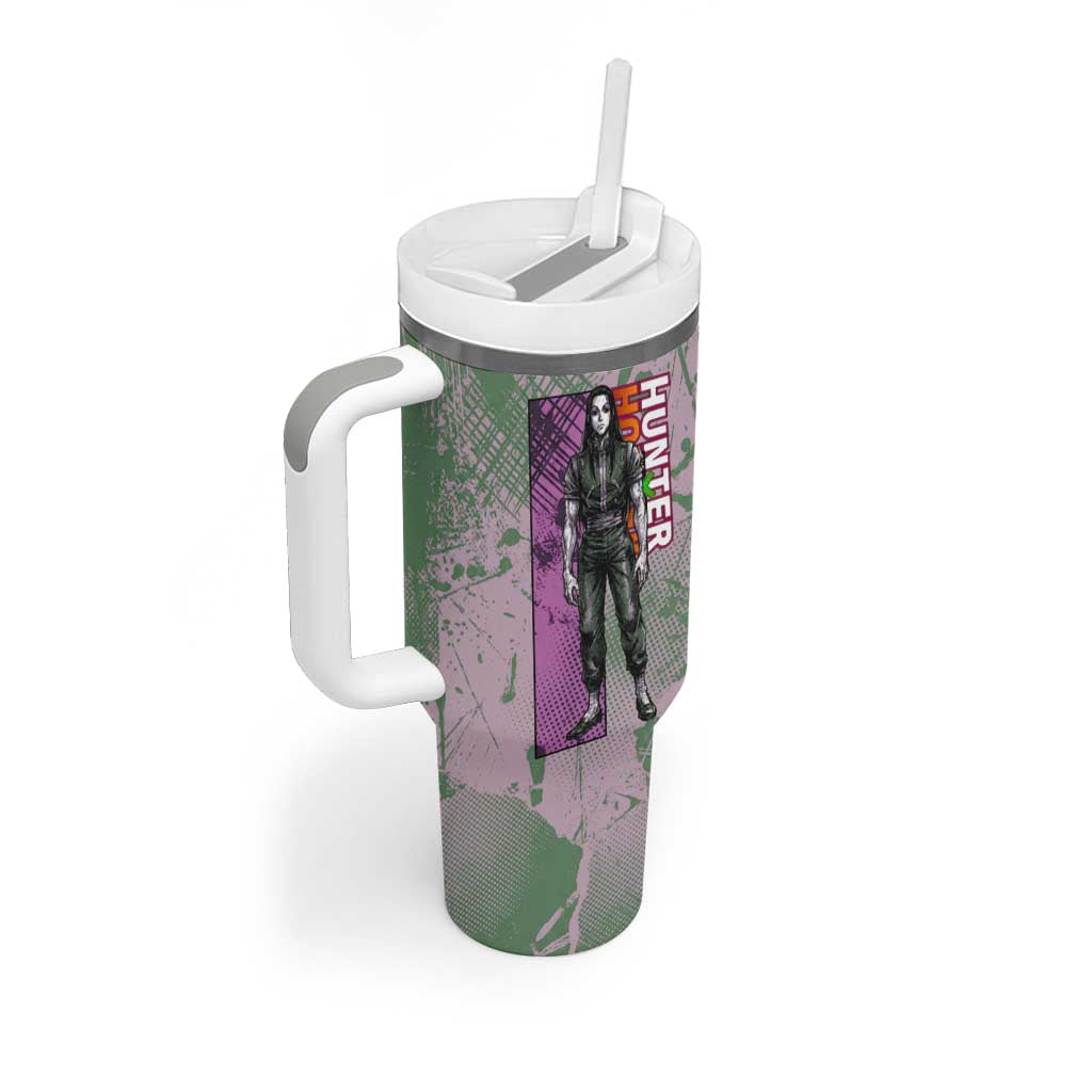 Alluka Zoldyck Theme Purple and Green Paint Splatter Design Tumbler With Handle with Nen Ability Artwork and Character Card Style - The Mazicc