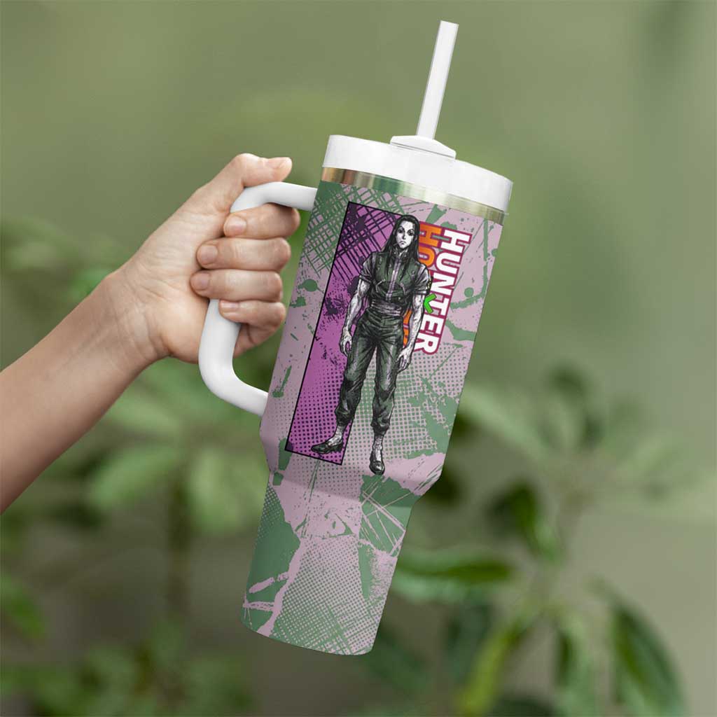 Alluka Zoldyck Theme Purple and Green Paint Splatter Design Tumbler With Handle with Nen Ability Artwork and Character Card Style - The Mazicc