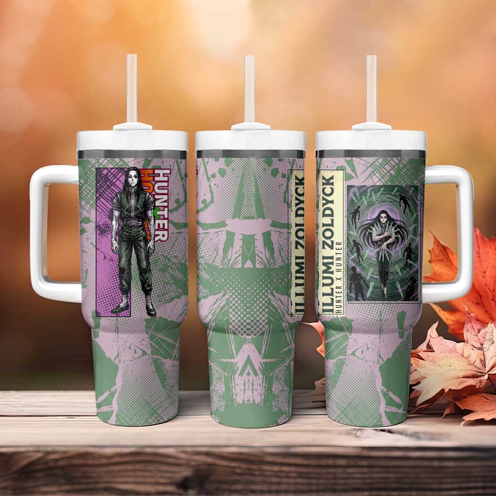 Alluka Zoldyck Theme Purple and Green Paint Splatter Design Tumbler With Handle with Nen Ability Artwork and Character Card Style - The Mazicc
