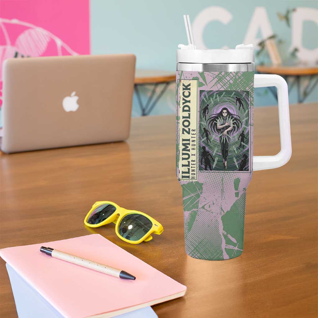 Alluka Zoldyck Theme Purple and Green Paint Splatter Design Tumbler With Handle with Nen Ability Artwork and Character Card Style - The Mazicc