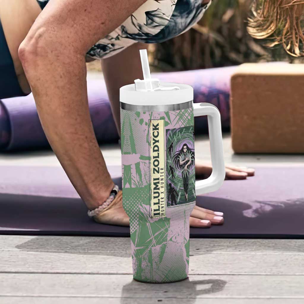 Alluka Zoldyck Theme Purple and Green Paint Splatter Design Tumbler With Handle with Nen Ability Artwork and Character Card Style - The Mazicc