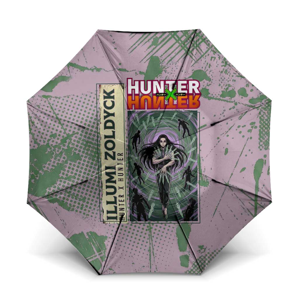 Alluka Zoldyck Theme Purple and Green Paint Splatter Design Umbrella with Nen Ability Artwork and Character Card Style - The Mazicc
