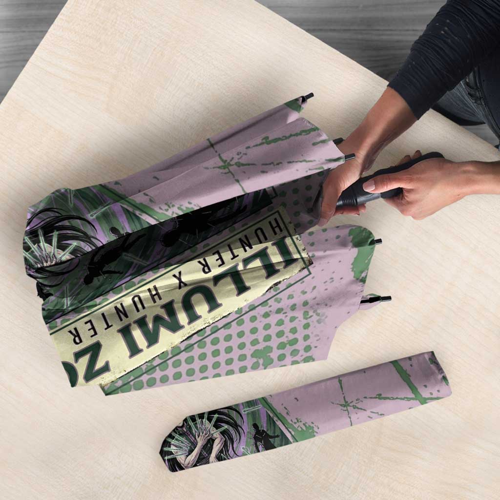 Alluka Zoldyck Theme Purple and Green Paint Splatter Design Umbrella with Nen Ability Artwork and Character Card Style - The Mazicc