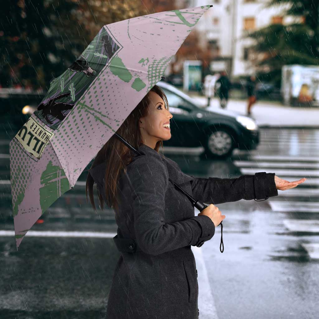 Alluka Zoldyck Theme Purple and Green Paint Splatter Design Umbrella with Nen Ability Artwork and Character Card Style - The Mazicc