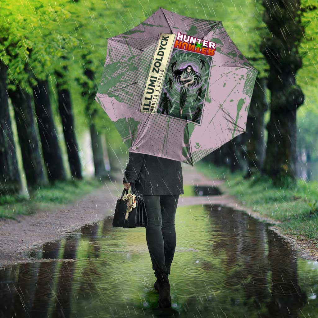 Alluka Zoldyck Theme Purple and Green Paint Splatter Design Umbrella with Nen Ability Artwork and Character Card Style - The Mazicc