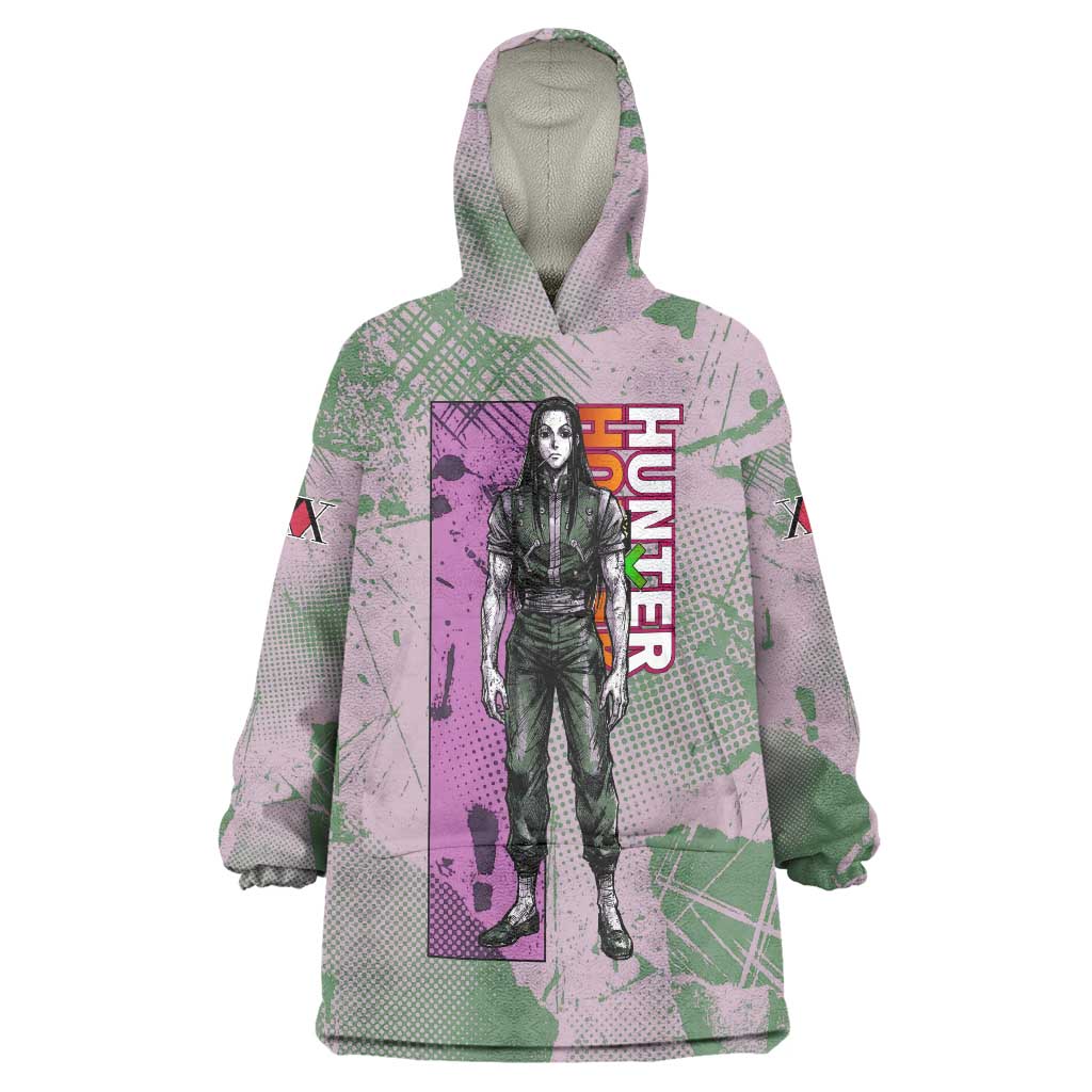 Alluka Zoldyck Theme Purple and Green Paint Splatter Design Wearable Blanket Hoodie with Nen Ability Artwork and Character Card Style - The Mazicc