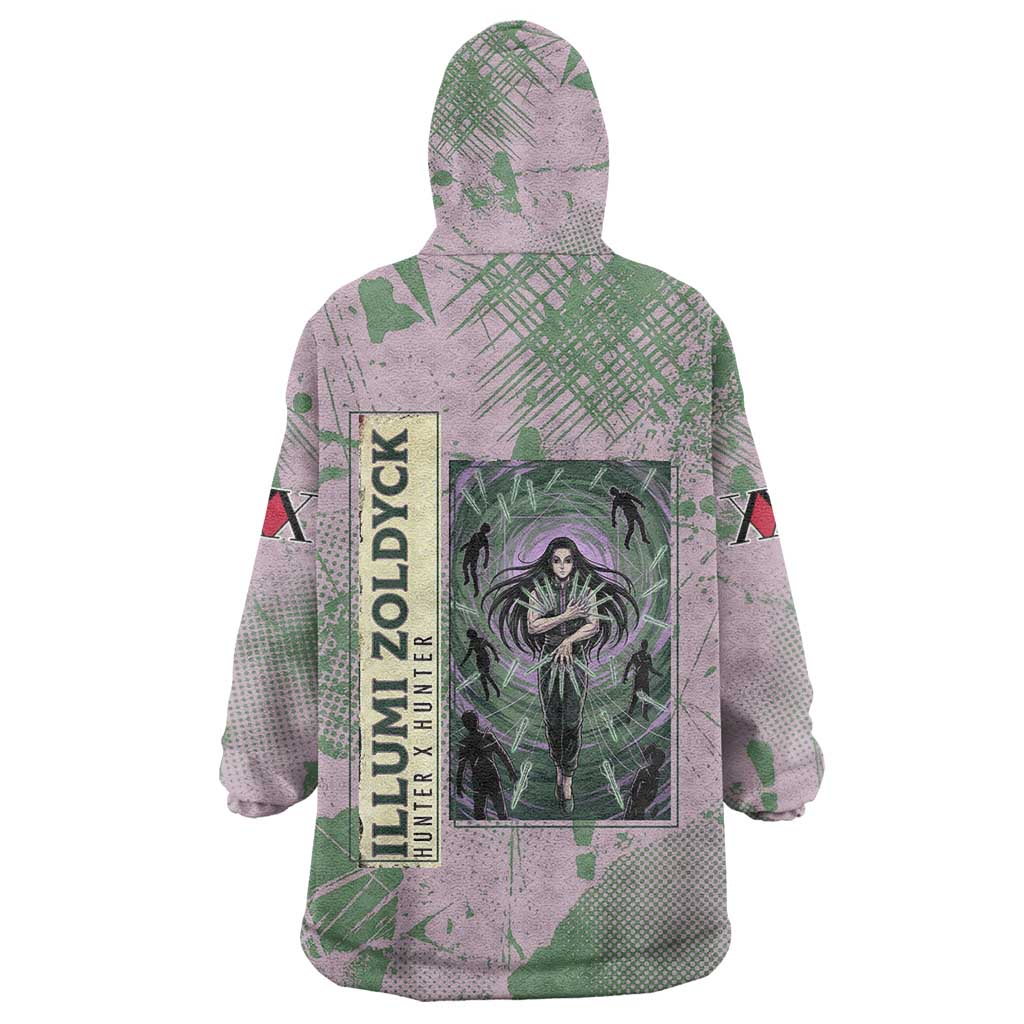 Alluka Zoldyck Theme Purple and Green Paint Splatter Design Wearable Blanket Hoodie with Nen Ability Artwork and Character Card Style - The Mazicc