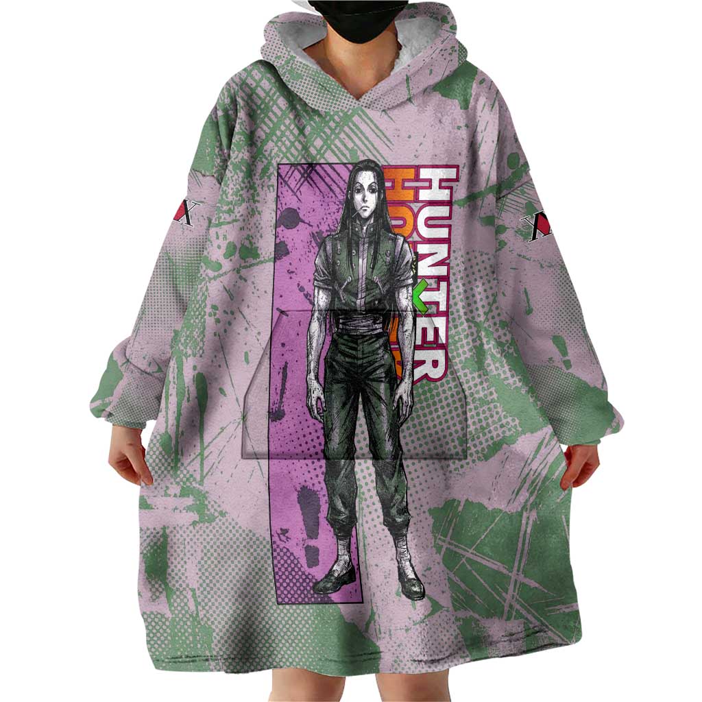 Alluka Zoldyck Theme Purple and Green Paint Splatter Design Wearable Blanket Hoodie with Nen Ability Artwork and Character Card Style - The Mazicc