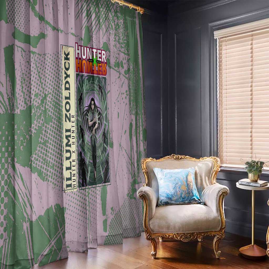 Alluka Zoldyck Theme Purple and Green Paint Splatter Design Window Curtain with Nen Ability Artwork and Character Card Style - The Mazicc