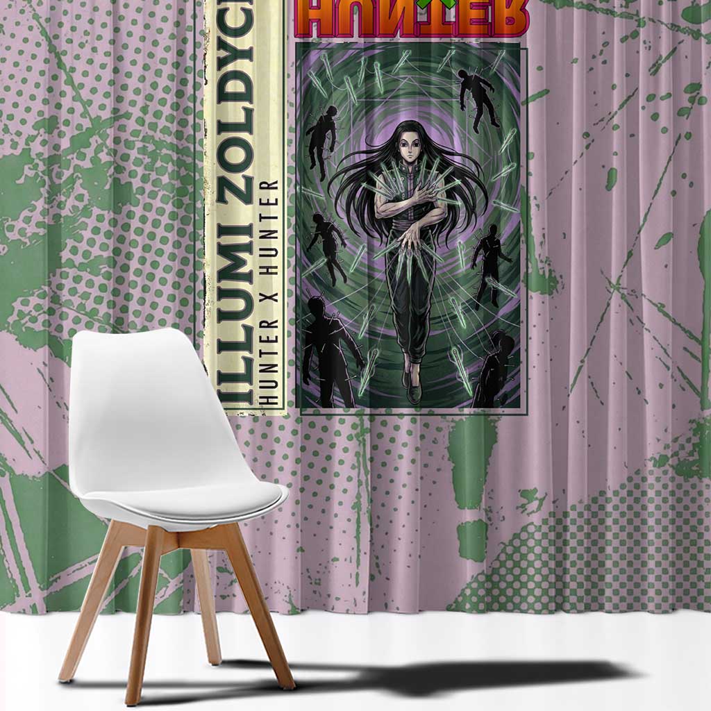 Alluka Zoldyck Theme Purple and Green Paint Splatter Design Window Curtain with Nen Ability Artwork and Character Card Style - The Mazicc