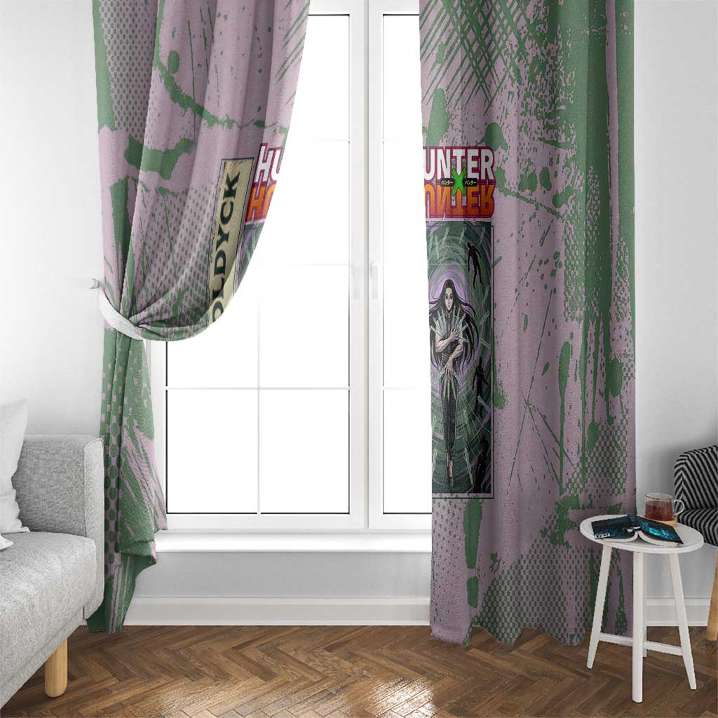 Alluka Zoldyck Theme Purple and Green Paint Splatter Design Window Curtain with Nen Ability Artwork and Character Card Style - The Mazicc