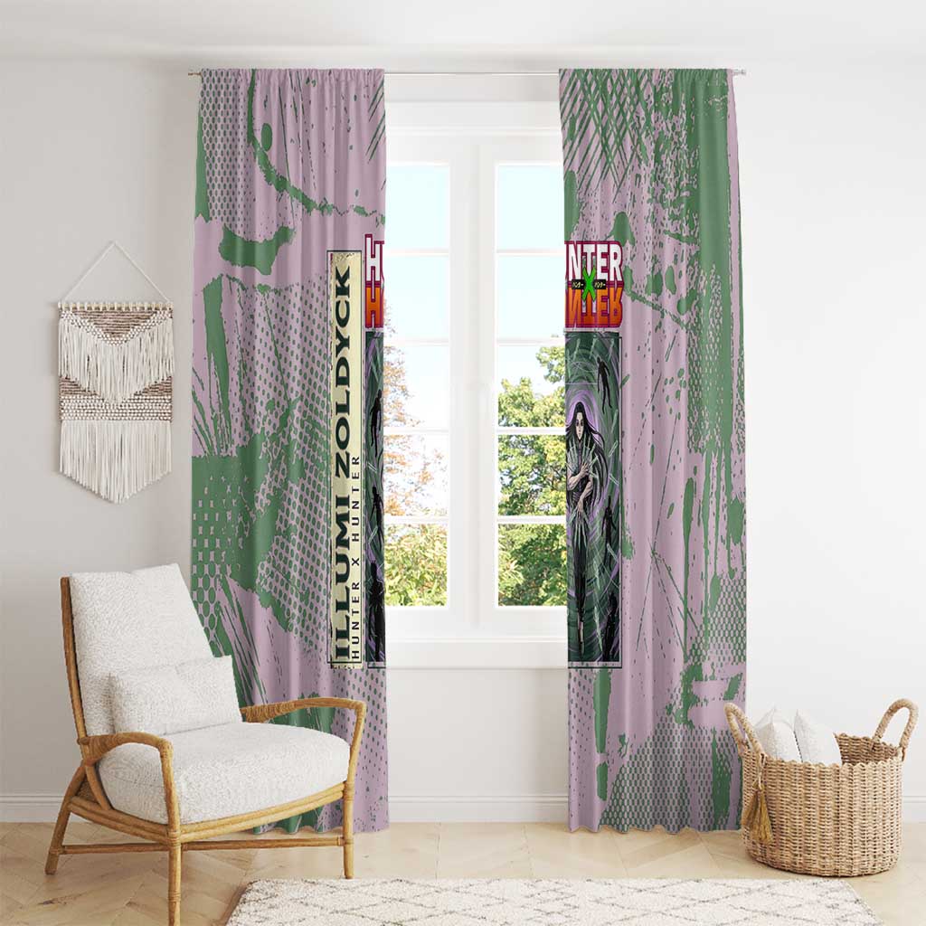 Alluka Zoldyck Theme Purple and Green Paint Splatter Design Window Curtain with Nen Ability Artwork and Character Card Style - The Mazicc