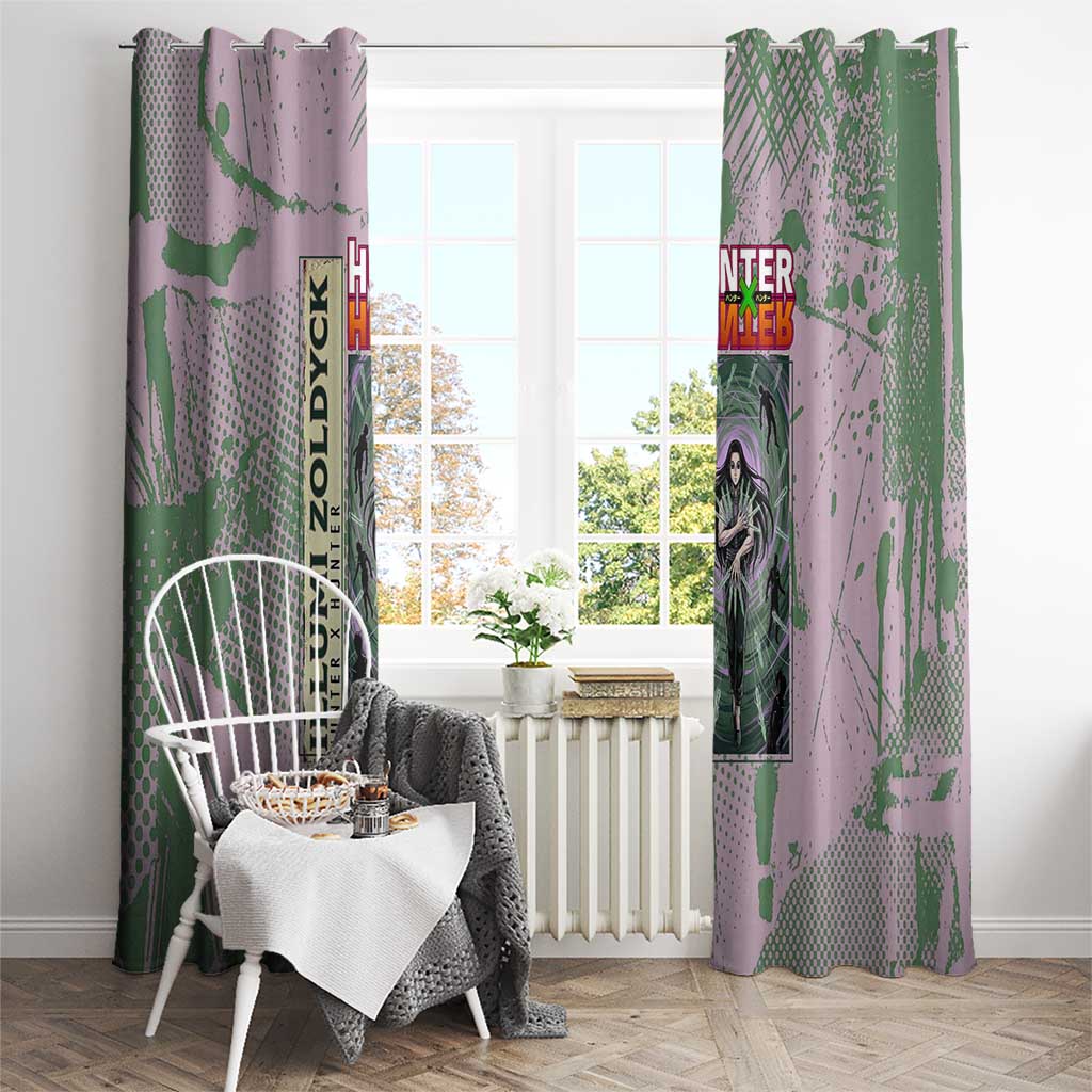 Alluka Zoldyck Theme Purple and Green Paint Splatter Design Window Curtain with Nen Ability Artwork and Character Card Style - The Mazicc