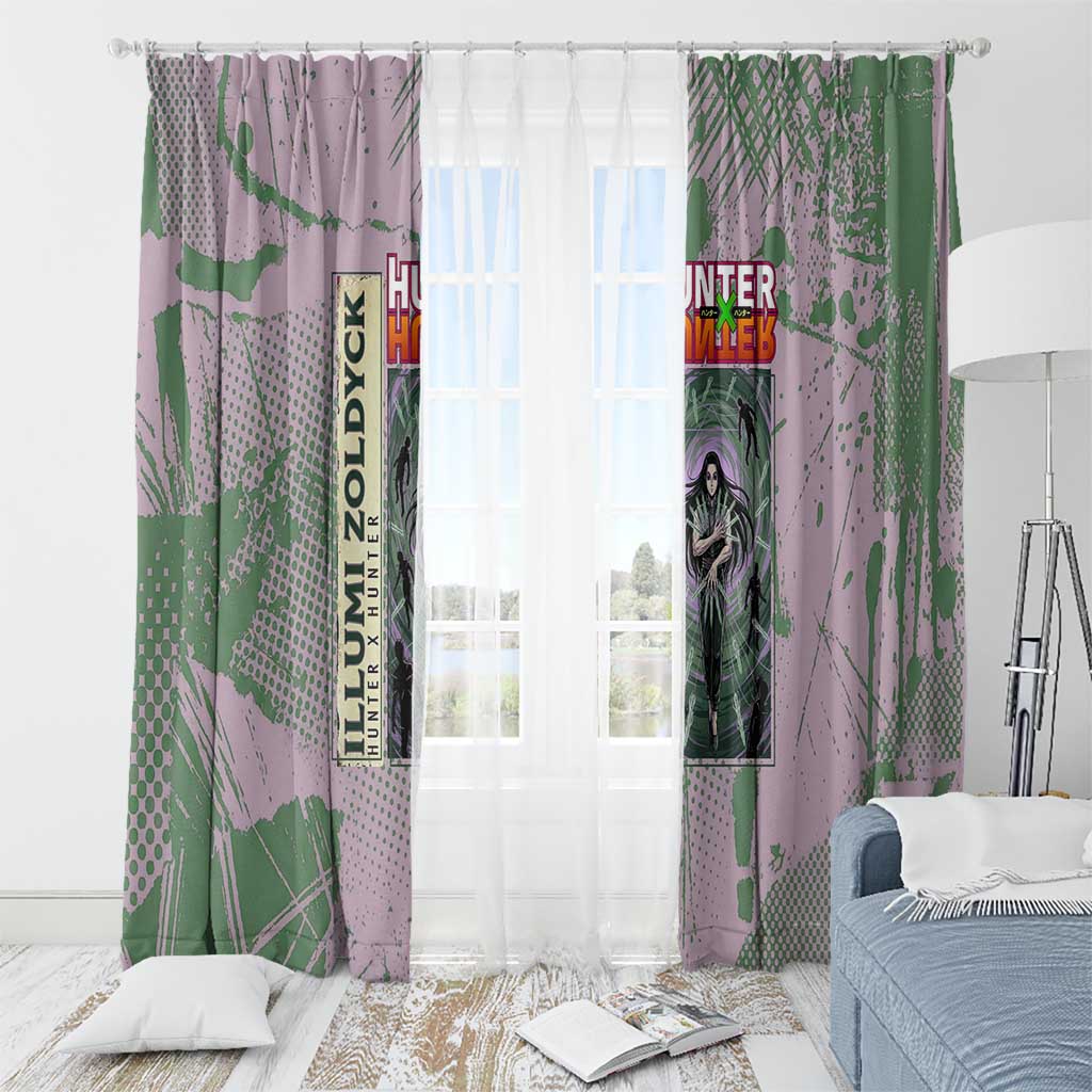 Alluka Zoldyck Theme Purple and Green Paint Splatter Design Window Curtain with Nen Ability Artwork and Character Card Style - The Mazicc