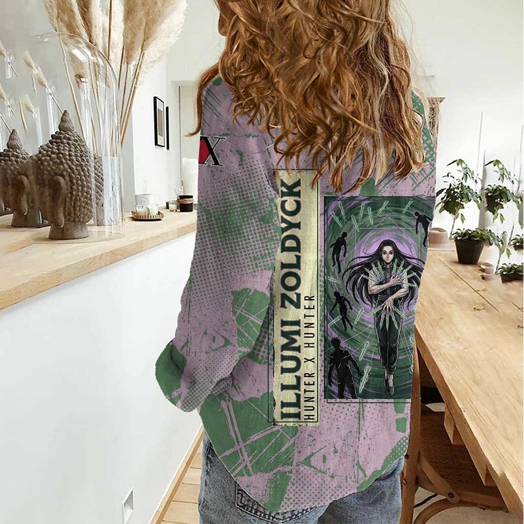 Alluka Zoldyck Theme Purple and Green Paint Splatter Design Women Casual Shirt with Nen Ability Artwork and Character Card Style - The Mazicc