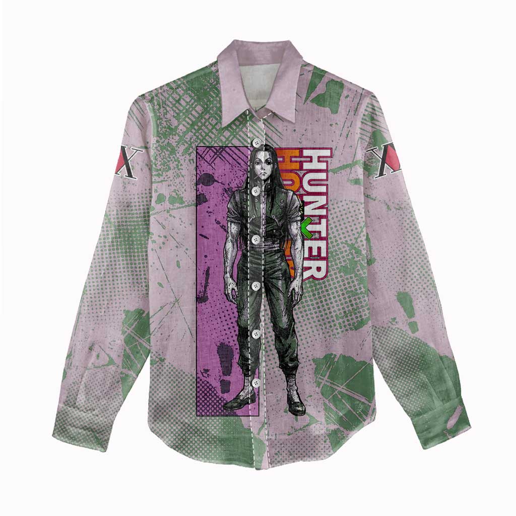 Alluka Zoldyck Theme Purple and Green Paint Splatter Design Women Casual Shirt with Nen Ability Artwork and Character Card Style - The Mazicc