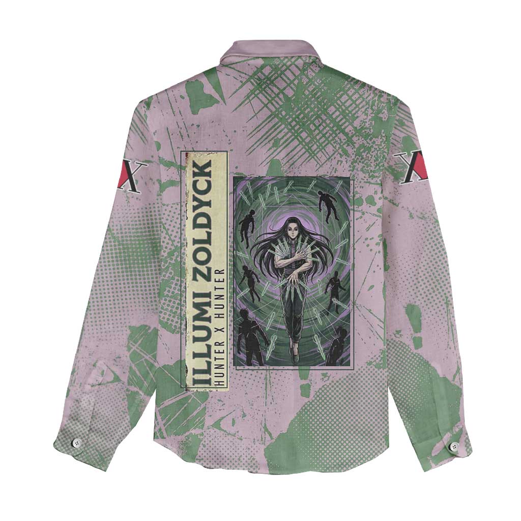 Alluka Zoldyck Theme Purple and Green Paint Splatter Design Women Casual Shirt with Nen Ability Artwork and Character Card Style - The Mazicc