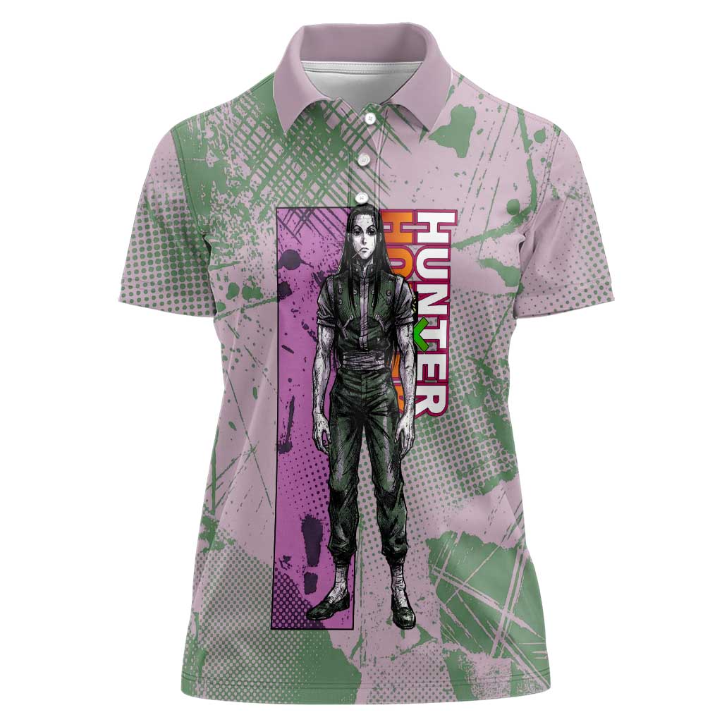 Alluka Zoldyck Theme Purple and Green Paint Splatter Design Women Polo Shirt with Nen Ability Artwork and Character Card Style - The Mazicc