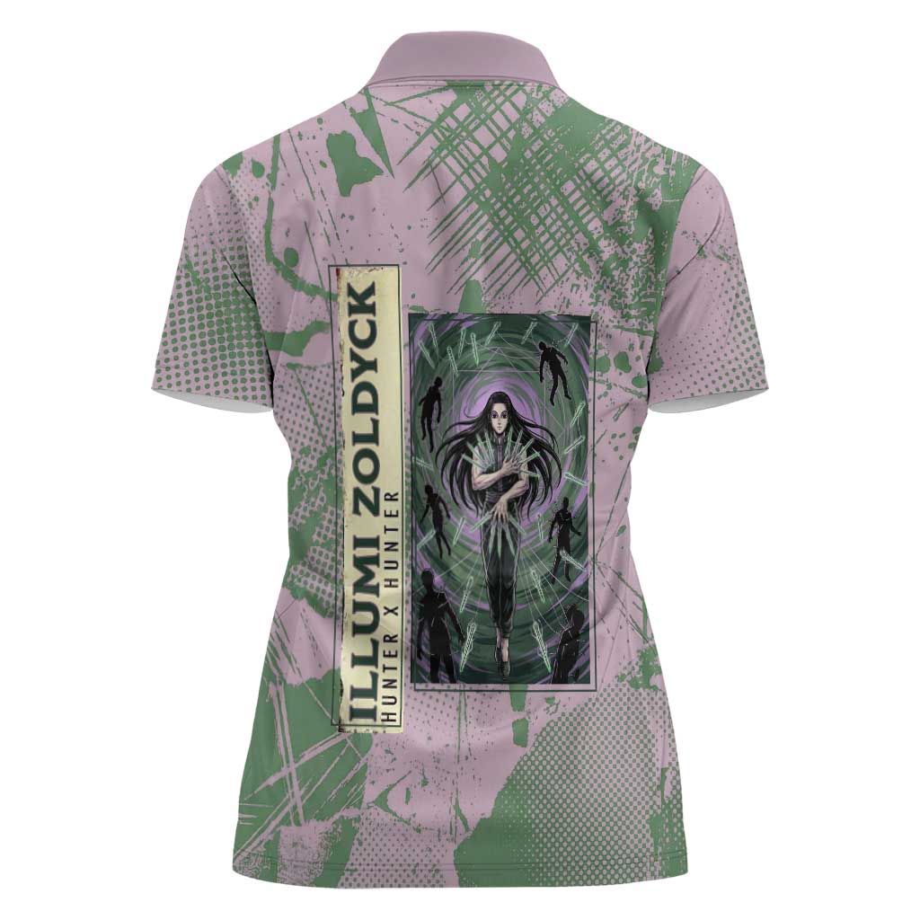 Alluka Zoldyck Theme Purple and Green Paint Splatter Design Women Polo Shirt with Nen Ability Artwork and Character Card Style - The Mazicc