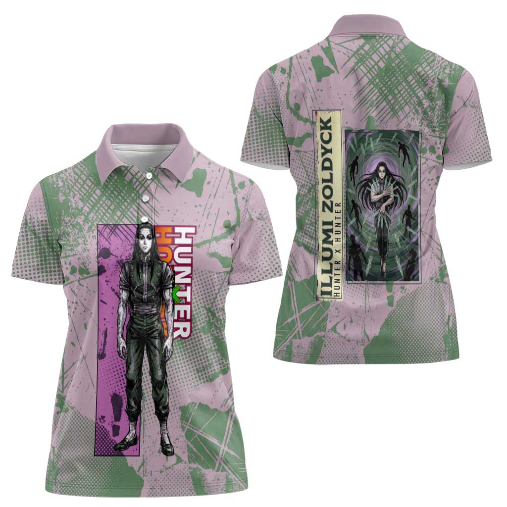 Alluka Zoldyck Theme Purple and Green Paint Splatter Design Women Polo Shirt with Nen Ability Artwork and Character Card Style - The Mazicc