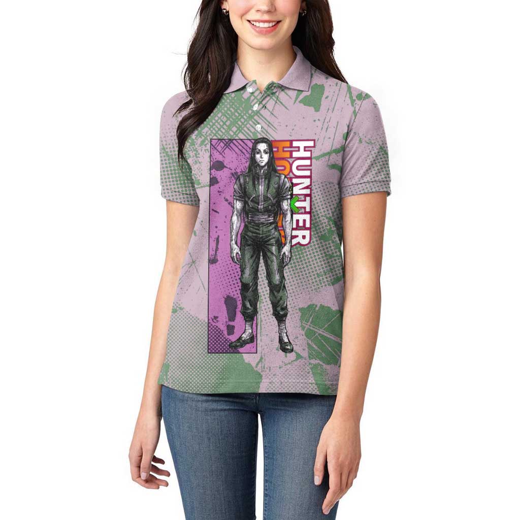 Alluka Zoldyck Theme Purple and Green Paint Splatter Design Women Polo Shirt with Nen Ability Artwork and Character Card Style - The Mazicc